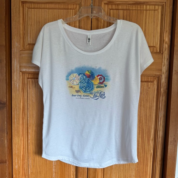 White Graphic Tee with Beach Design - Picture 1 of 7
